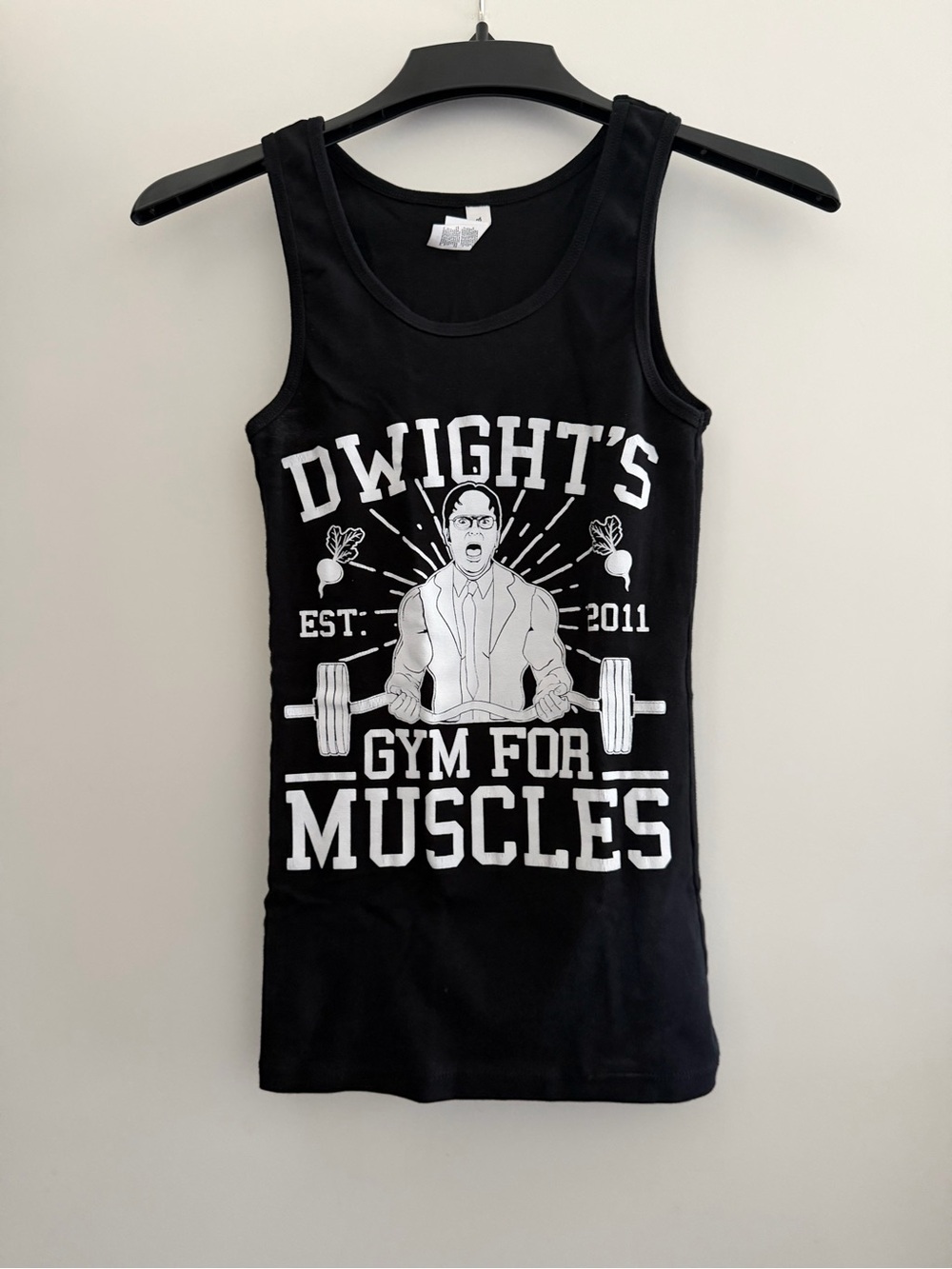 Dwight's Gym For Muscles Black Graphic Tank Top womens the office